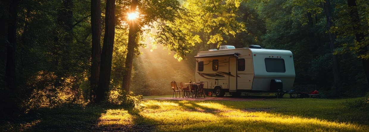 Een caravan op een standplek in het bos waar de zon door de bomen schijnt