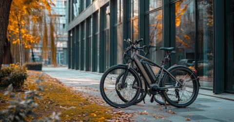Twee e-bikes staan geparkeerd voor een kantoor
