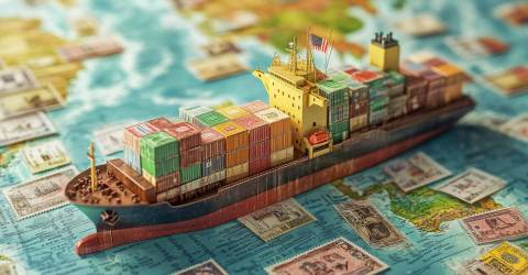 Handelsoorlog; een handelschip op een landkaart