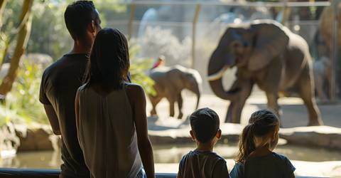Een familie in de dierentuin omringt door dieren en natuur