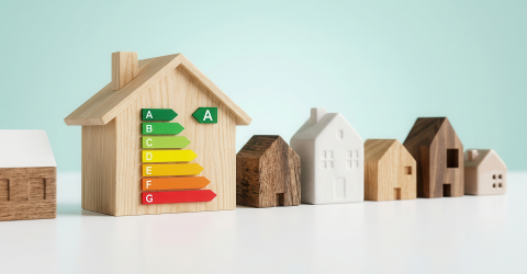 Meerdere houten huisje en op een huisje staat een energielabel afgebeeld